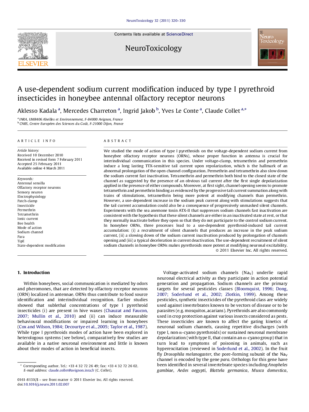 A use-dependent sodium current modification induced by type I pyrethroid insecticides in honeybee antennal olfactory receptor neurons