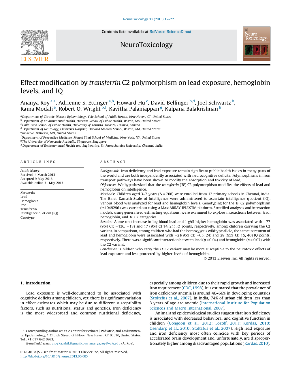 Effect modification by transferrin C2 polymorphism on lead exposure, hemoglobin levels, and IQ