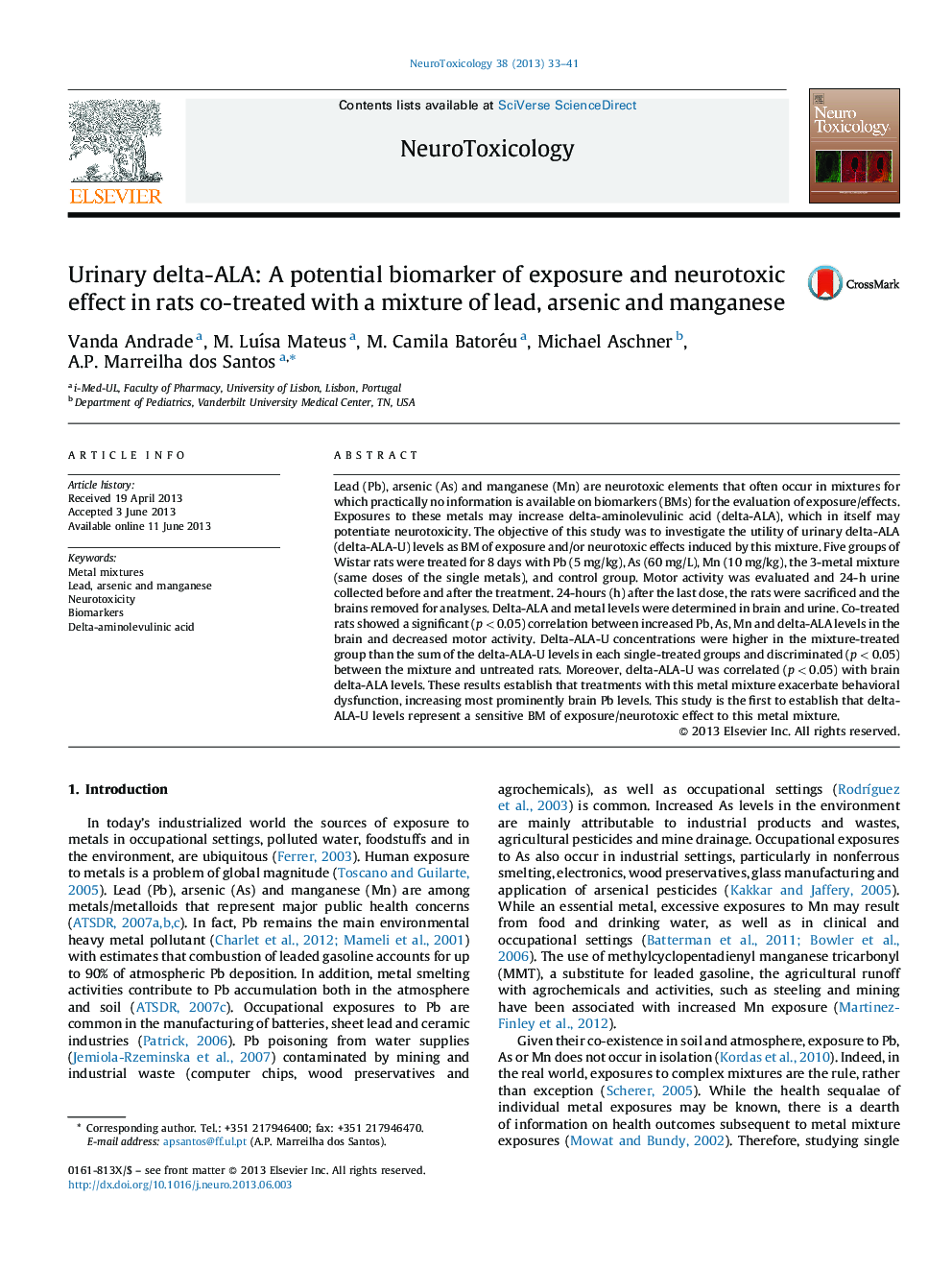 Urinary delta-ALA: A potential biomarker of exposure and neurotoxic effect in rats co-treated with a mixture of lead, arsenic and manganese