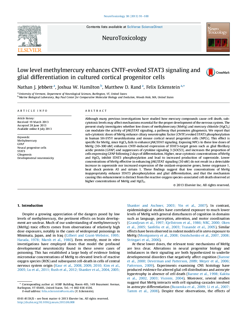 Low level methylmercury enhances CNTF-evoked STAT3 signaling and glial differentiation in cultured cortical progenitor cells