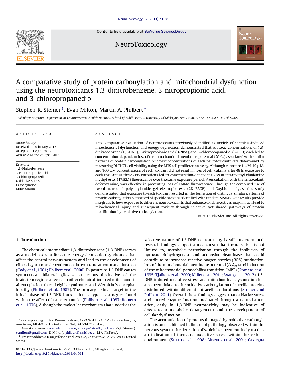 A comparative study of protein carbonylation and mitochondrial dysfunction using the neurotoxicants 1,3-dinitrobenzene, 3-nitropropionic acid, and 3-chloropropanediol