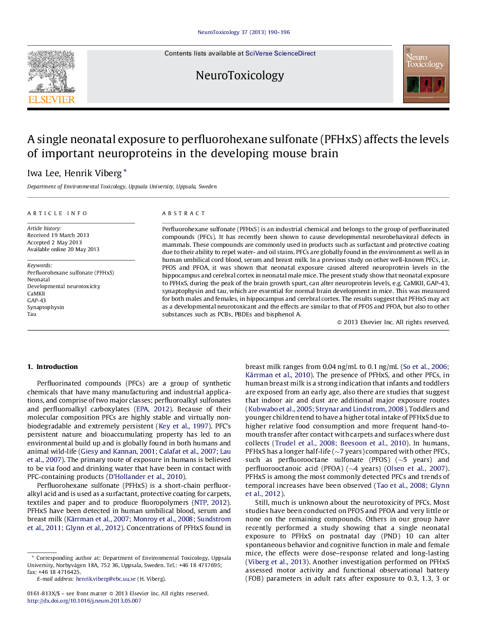 A single neonatal exposure to perfluorohexane sulfonate (PFHxS) affects the levels of important neuroproteins in the developing mouse brain