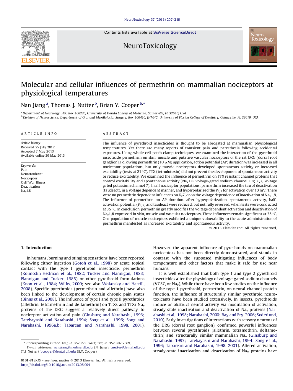 Molecular and cellular influences of permethrin on mammalian nociceptors at physiological temperatures