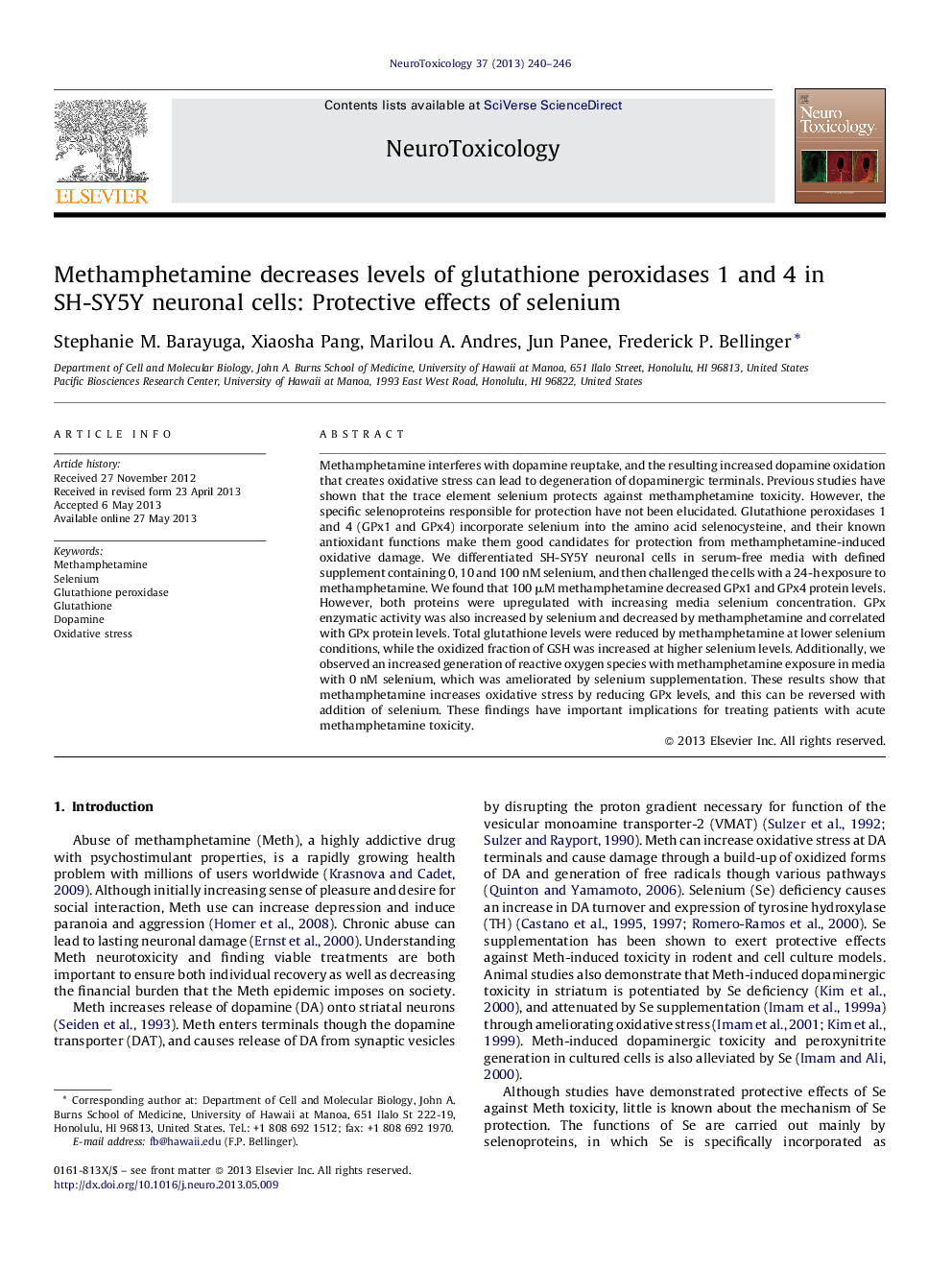 Methamphetamine decreases levels of glutathione peroxidases 1 and 4 in SH-SY5Y neuronal cells: Protective effects of selenium