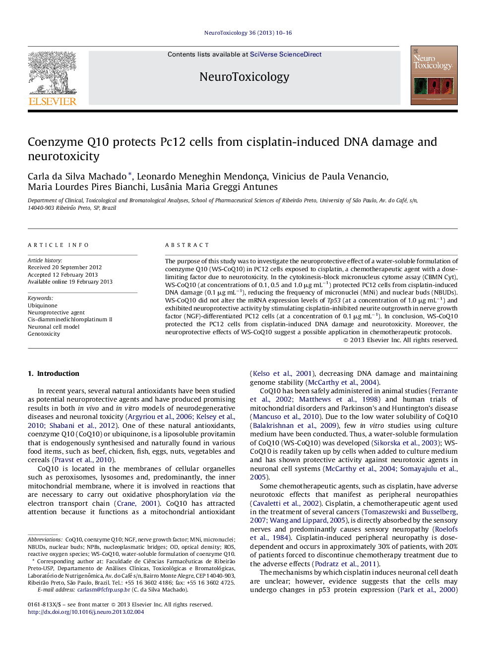 عکس صفحه اول مقاله: Coenzyme Q10 protects Pc12 cells from cisplatin-induced DNA damage and neurotoxicity Coenzyme Q10 protects Pc12 cells from cisplatin-induced DNA damage and neurotoxicity