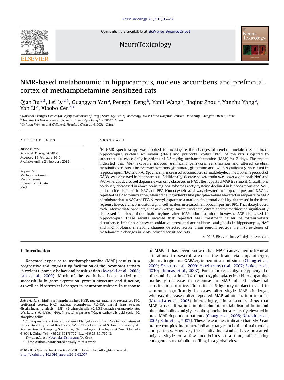 عکس صفحه اول مقاله: NMR-based metabonomic in hippocampus, nucleus accumbens and prefrontal cortex of methamphetamine-sensitized rats NMR-based metabonomic in hippocampus, nucleus accumbens and prefrontal cortex of methamphetamine-sensitized rats