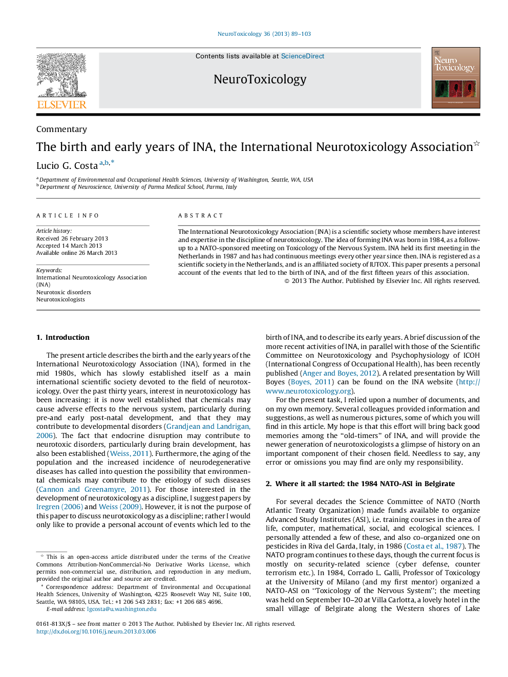 The birth and early years of INA, the International Neurotoxicology Association