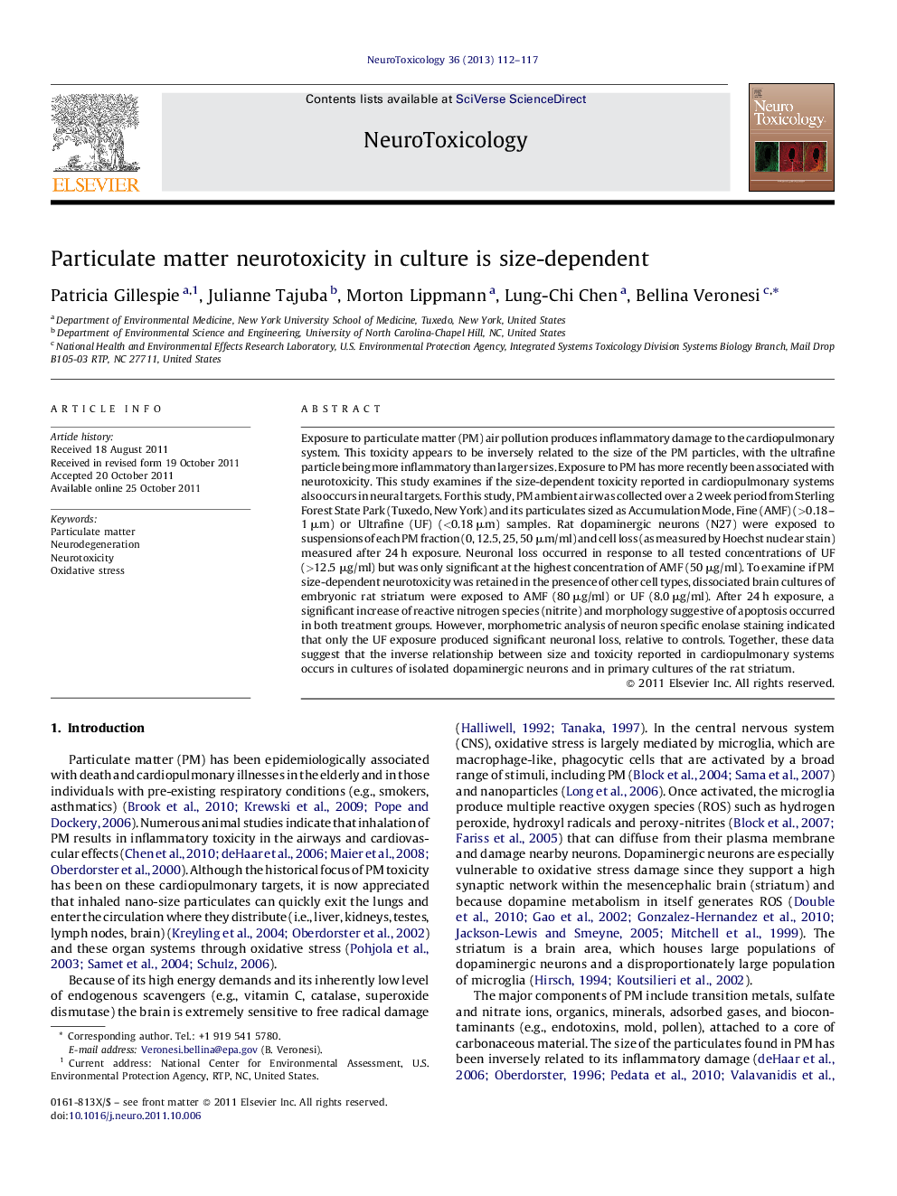 Particulate matter neurotoxicity in culture is size-dependent