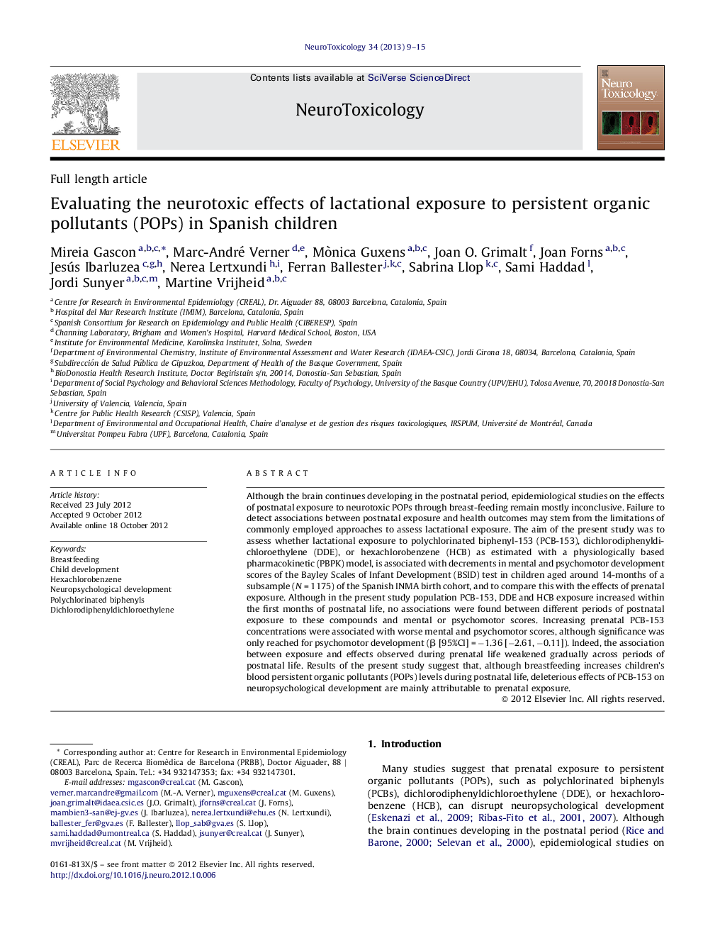 Evaluating the neurotoxic effects of lactational exposure to persistent organic pollutants (POPs) in Spanish children