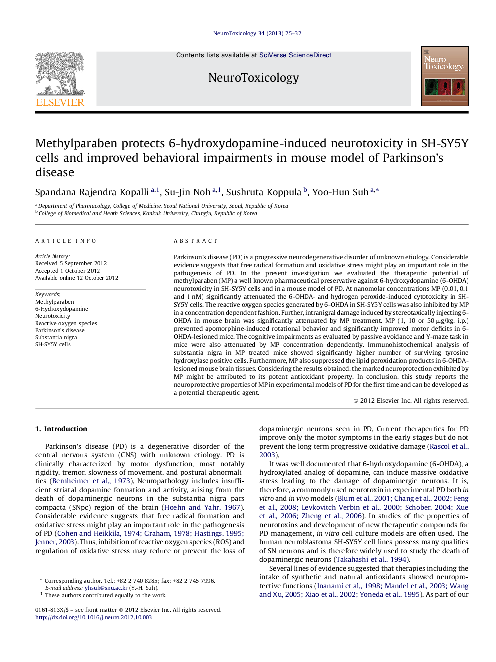 Methylparaben protects 6-hydroxydopamine-induced neurotoxicity in SH-SY5Y cells and improved behavioral impairments in mouse model of Parkinson's disease