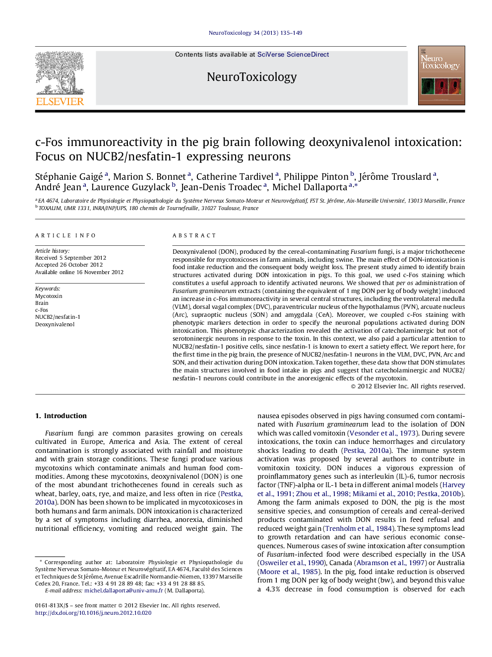 c-Fos immunoreactivity in the pig brain following deoxynivalenol intoxication: Focus on NUCB2/nesfatin-1 expressing neurons