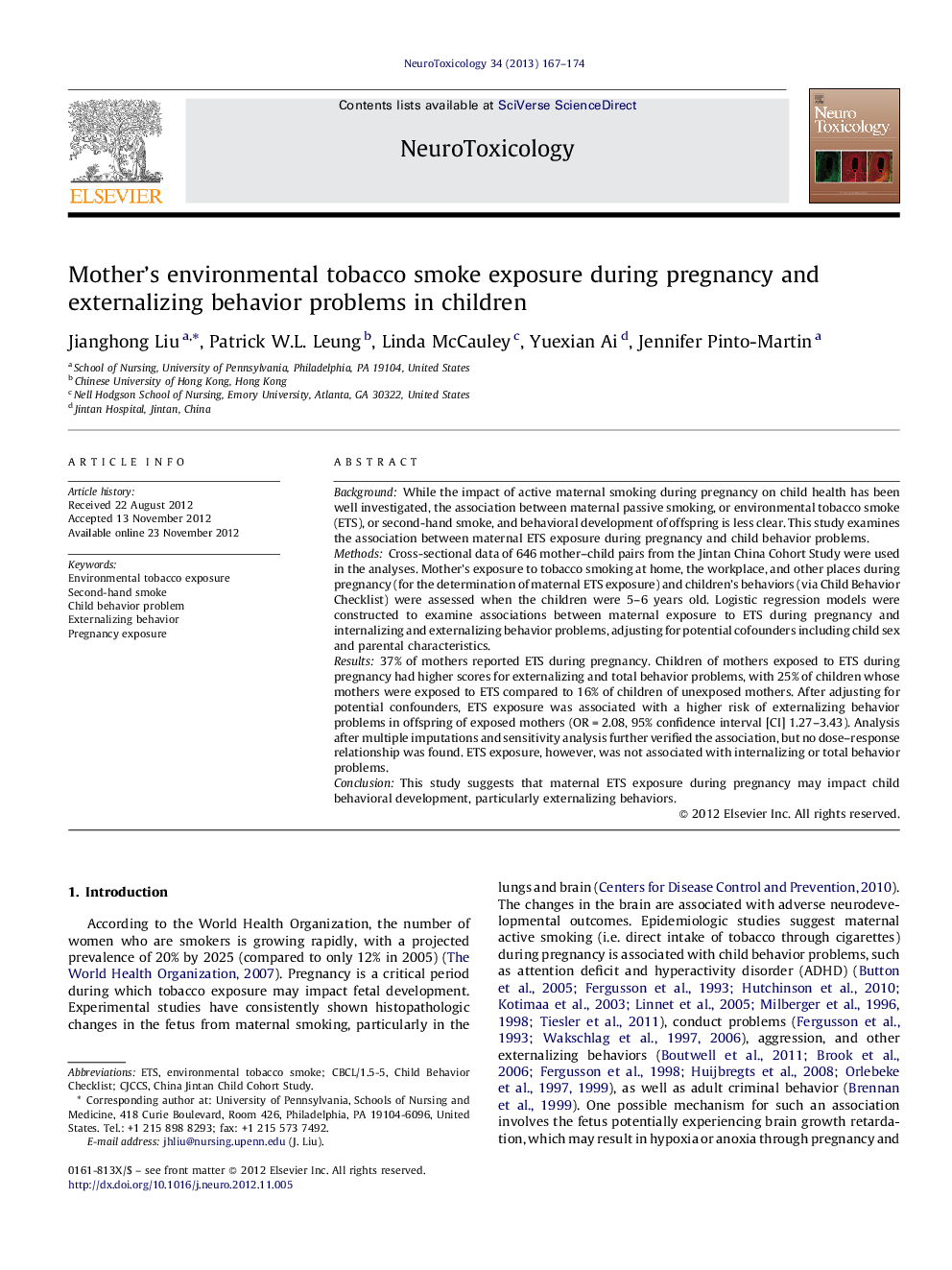 Mother's environmental tobacco smoke exposure during pregnancy and externalizing behavior problems in children