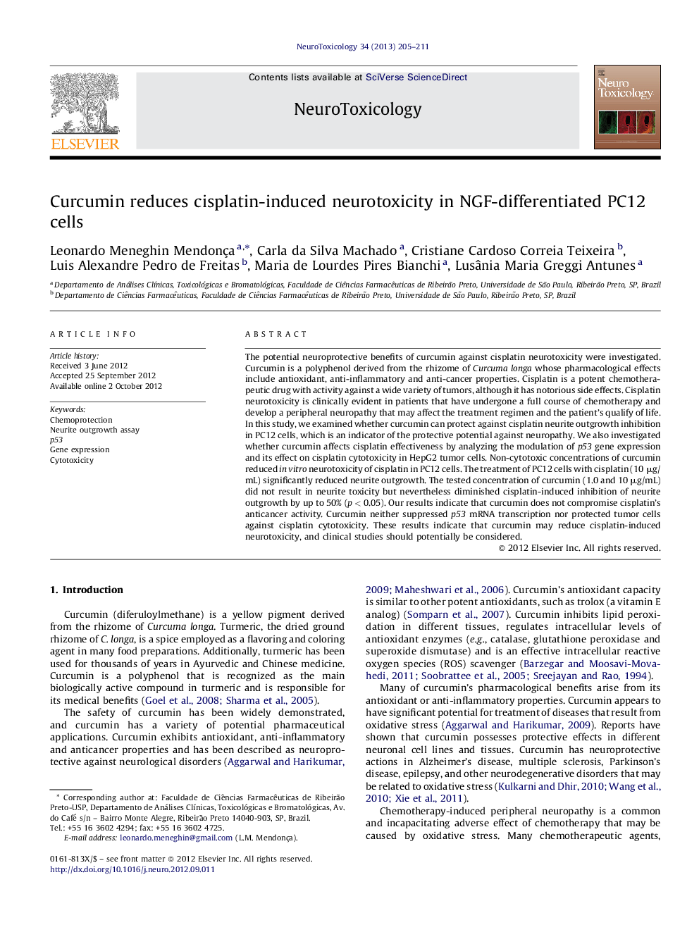 Curcumin reduces cisplatin-induced neurotoxicity in NGF-differentiated PC12 cells