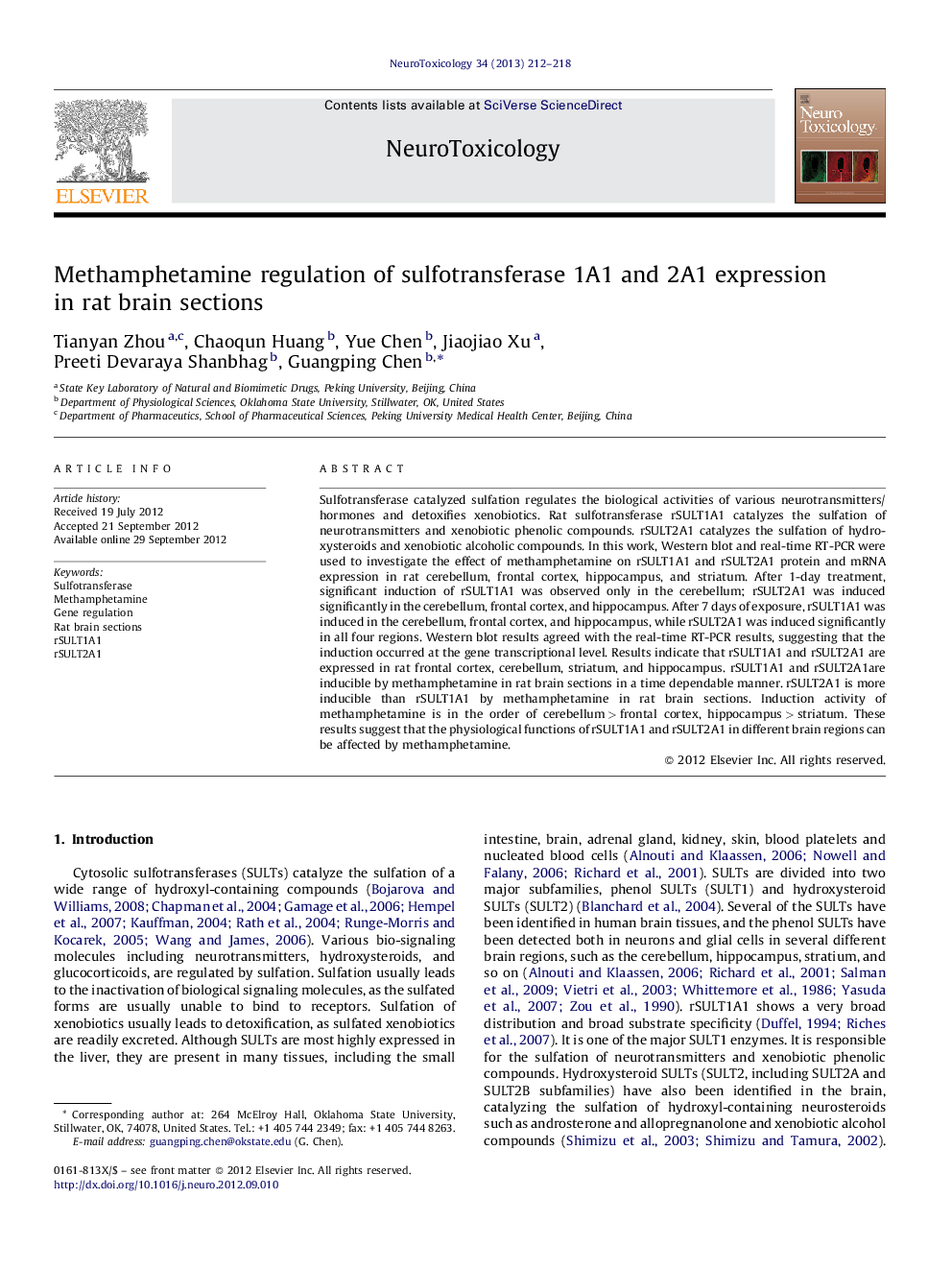 Methamphetamine regulation of sulfotransferase 1A1 and 2A1 expression in rat brain sections