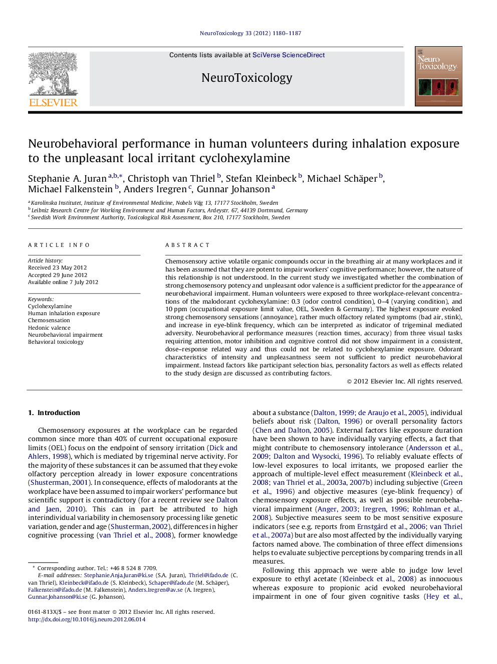 Neurobehavioral performance in human volunteers during inhalation exposure to the unpleasant local irritant cyclohexylamine