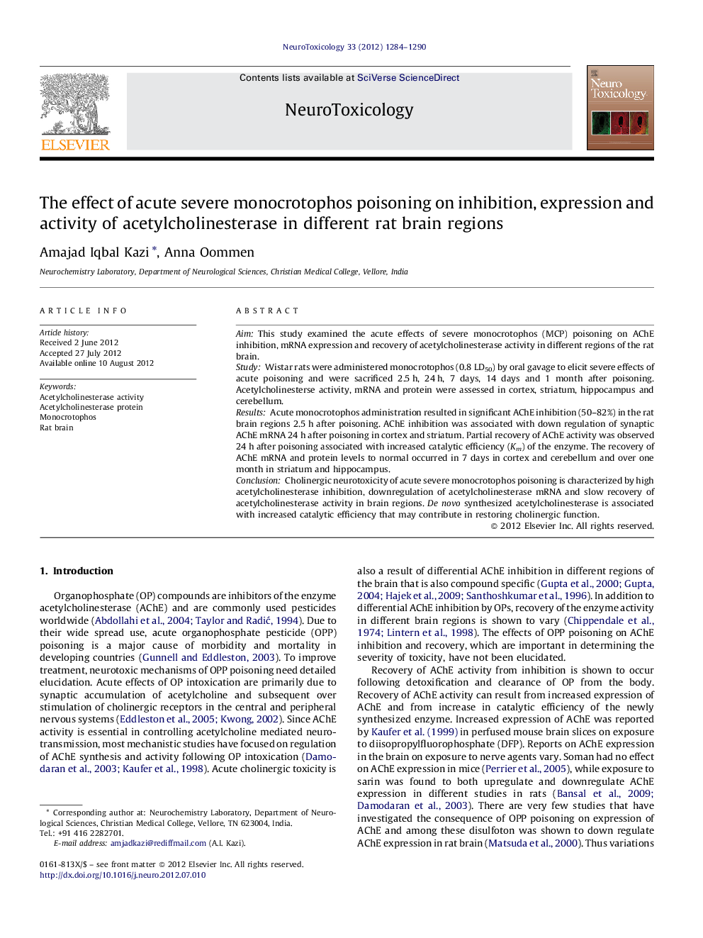 The effect of acute severe monocrotophos poisoning on inhibition, expression and activity of acetylcholinesterase in different rat brain regions