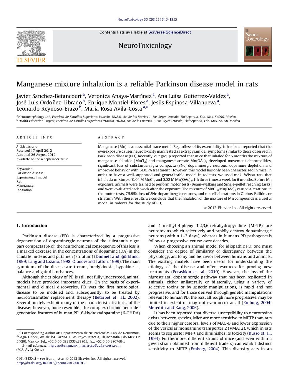 عکس صفحه اول مقاله: Manganese mixture inhalation is a reliable Parkinson disease model in rats Manganese mixture inhalation is a reliable Parkinson disease model in rats