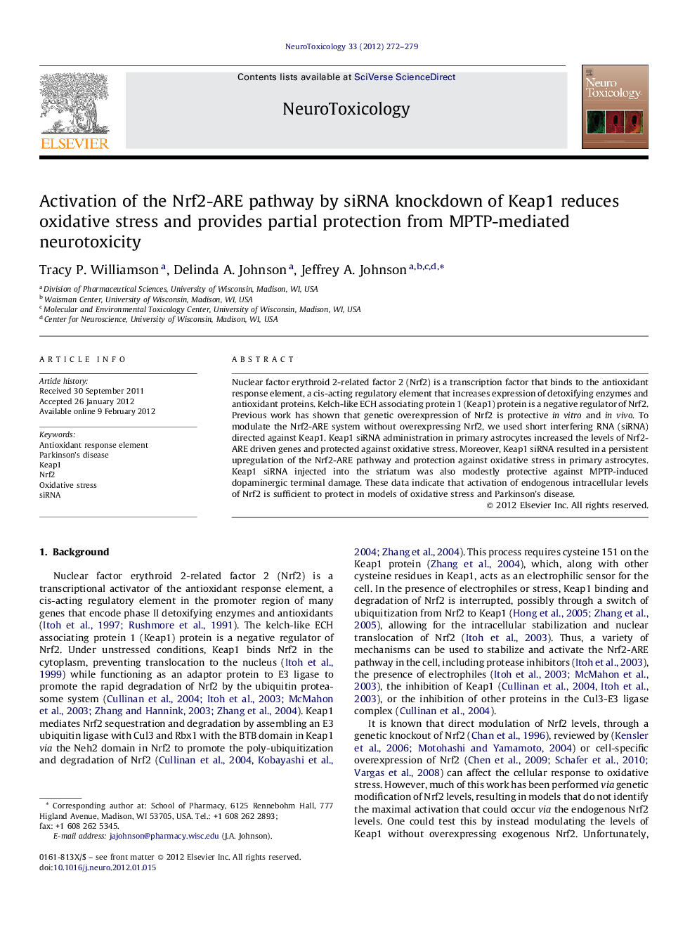 Activation of the Nrf2-ARE pathway by siRNA knockdown of Keap1 reduces oxidative stress and provides partial protection from MPTP-mediated neurotoxicity