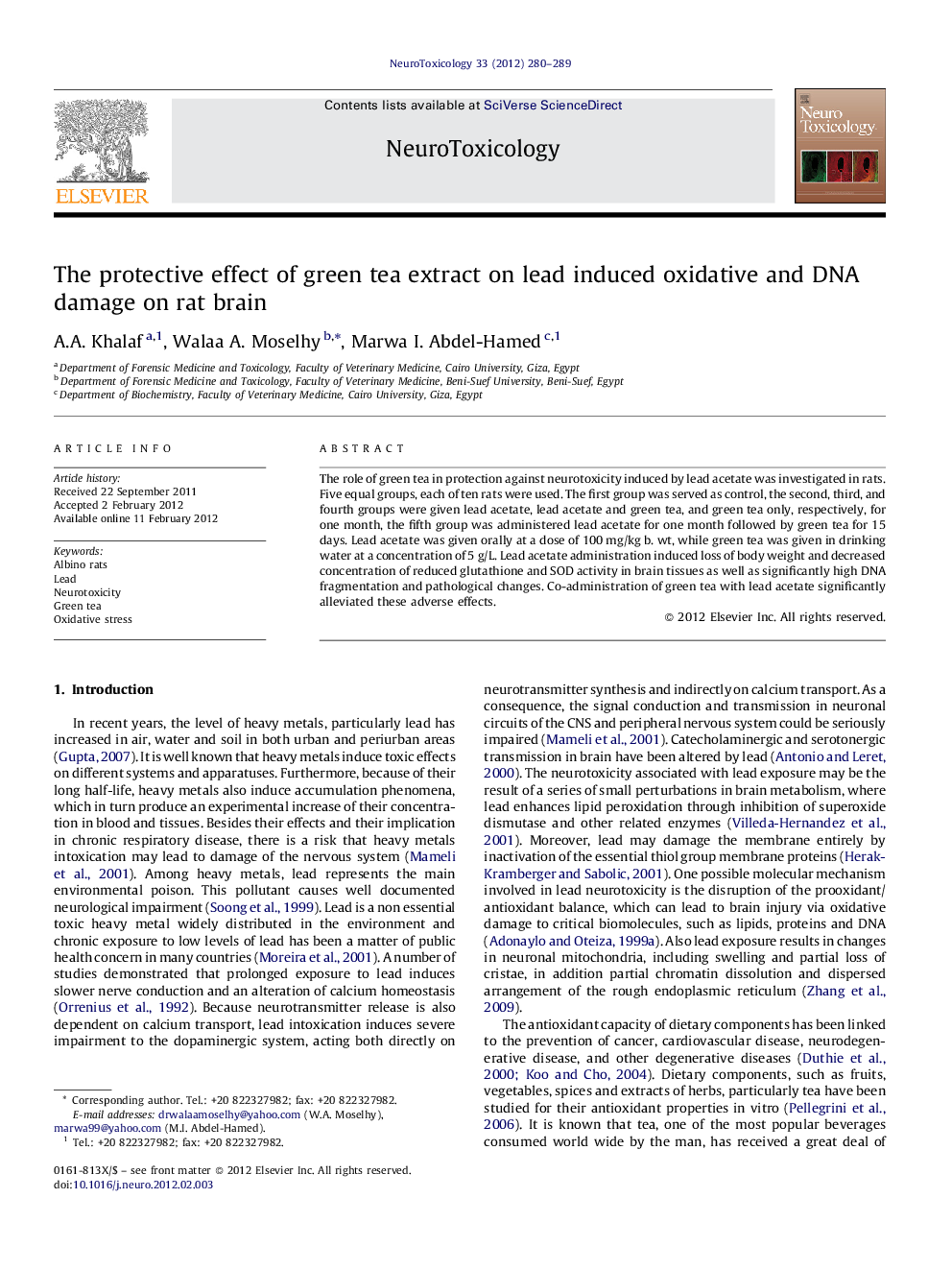 The protective effect of green tea extract on lead induced oxidative and DNA damage on rat brain