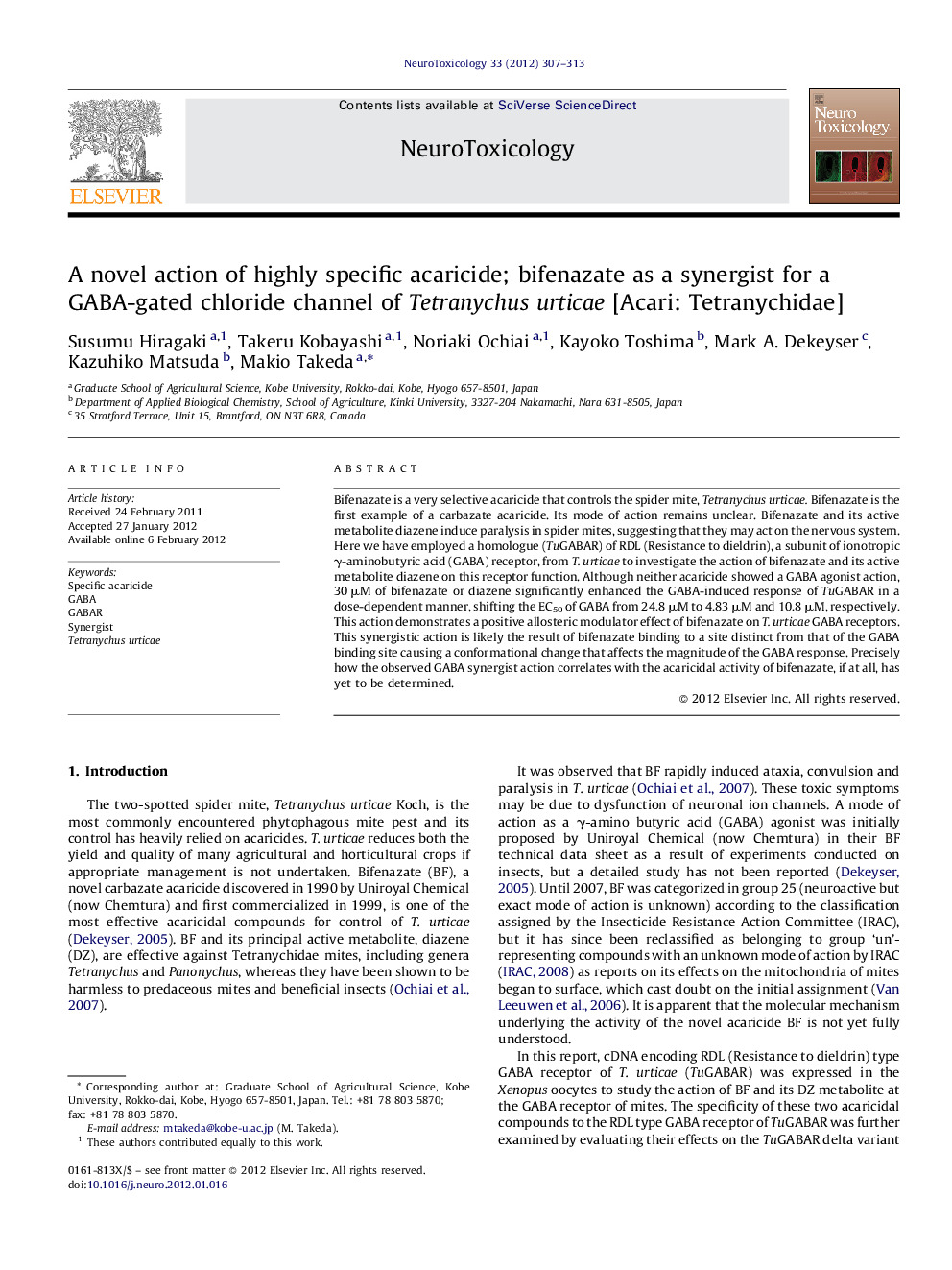 A novel action of highly specific acaricide; bifenazate as a synergist for a GABA-gated chloride channel of Tetranychus urticae [Acari: Tetranychidae]