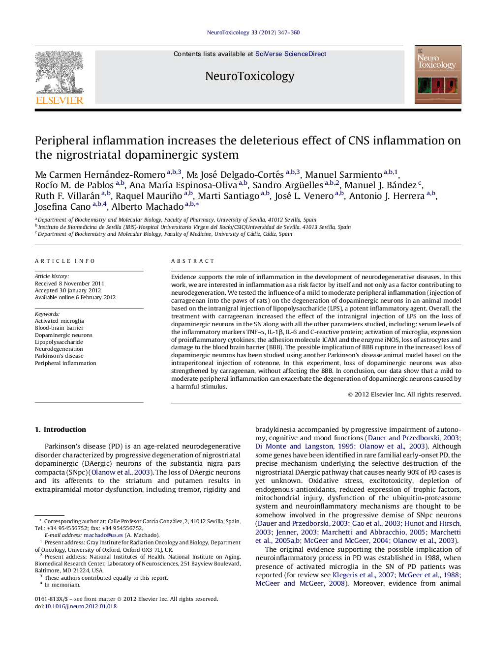 Peripheral inflammation increases the deleterious effect of CNS inflammation on the nigrostriatal dopaminergic system