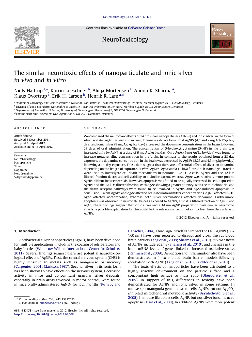 The similar neurotoxic effects of nanoparticulate and ionic silver in vivo and in vitro