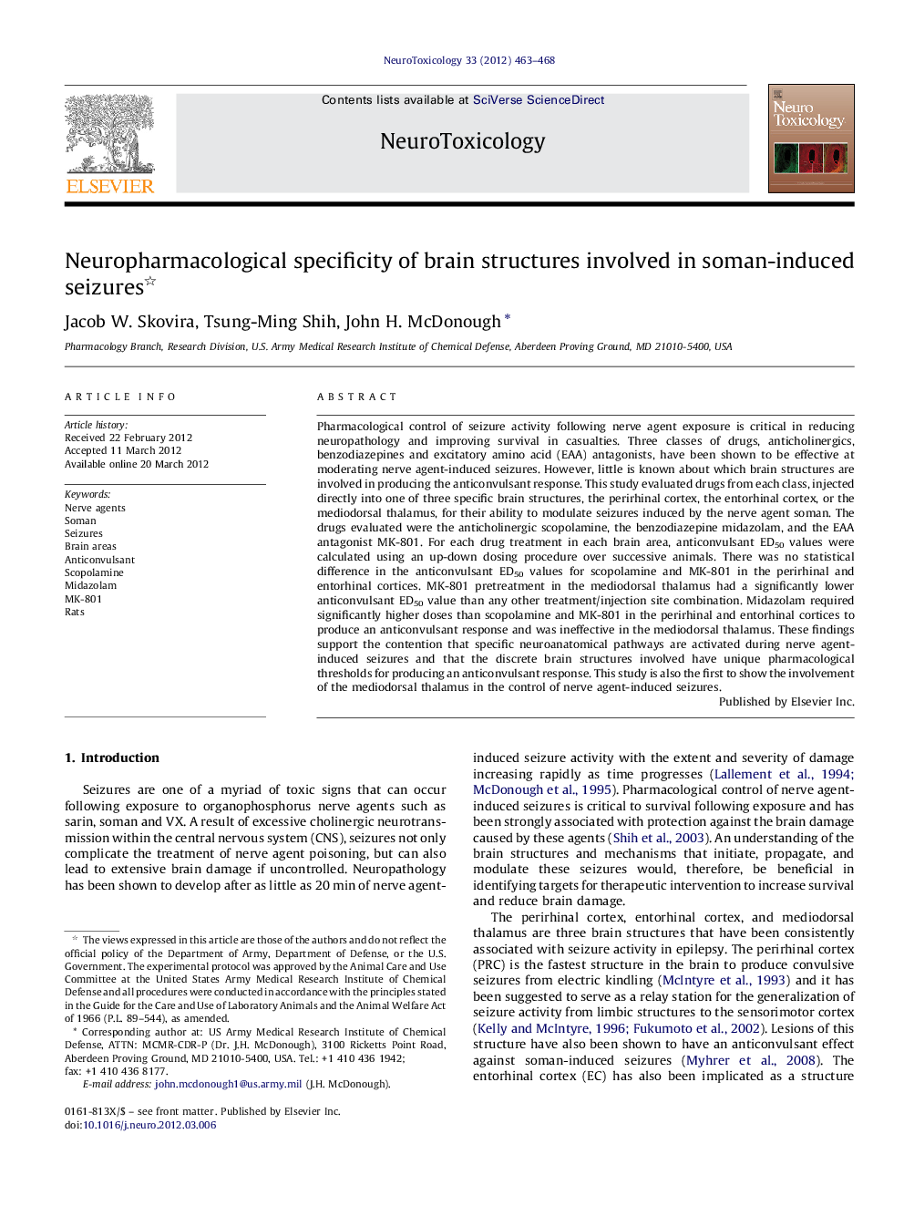 Neuropharmacological specificity of brain structures involved in soman-induced seizures