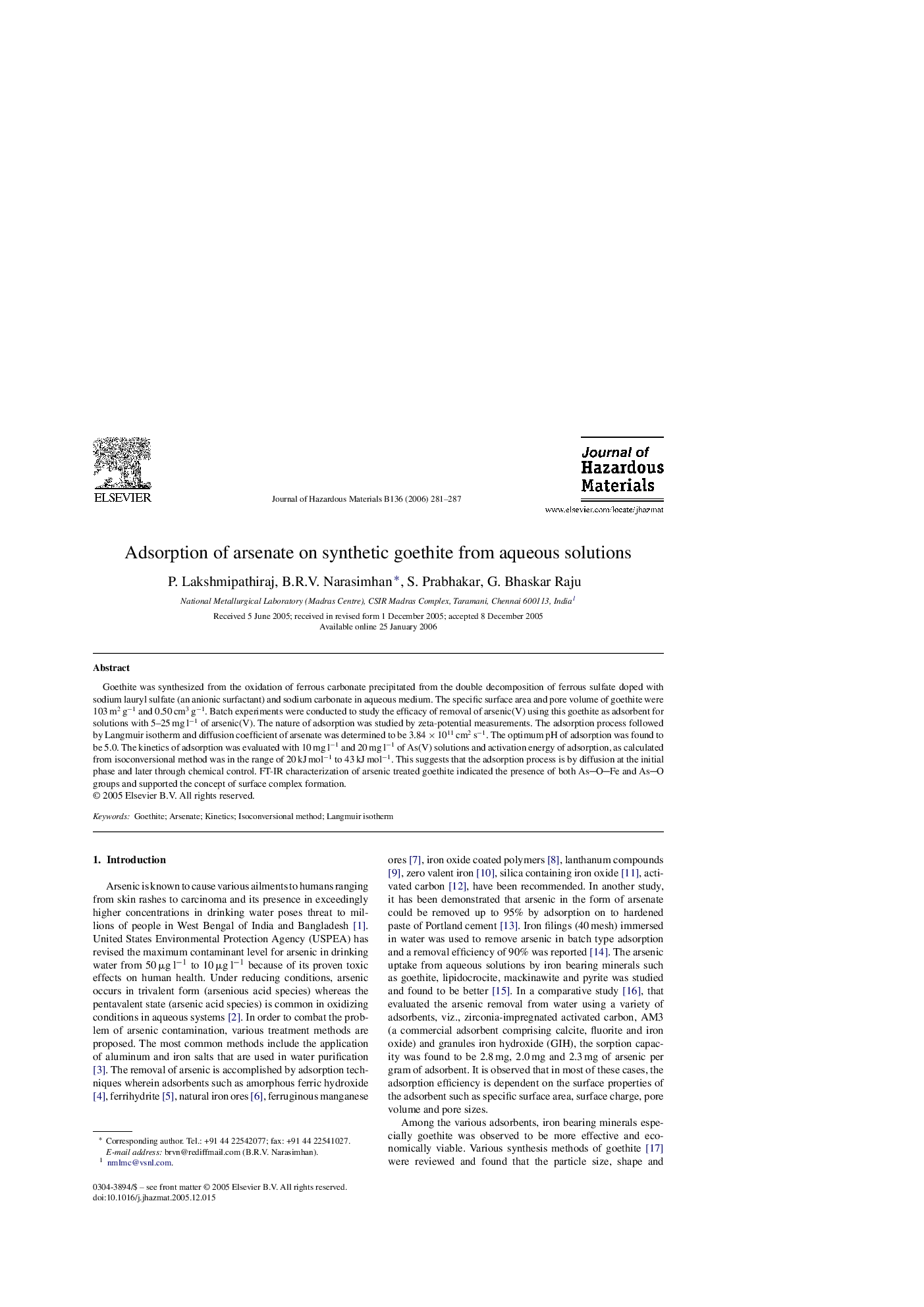 Adsorption of arsenate on synthetic goethite from aqueous solutions