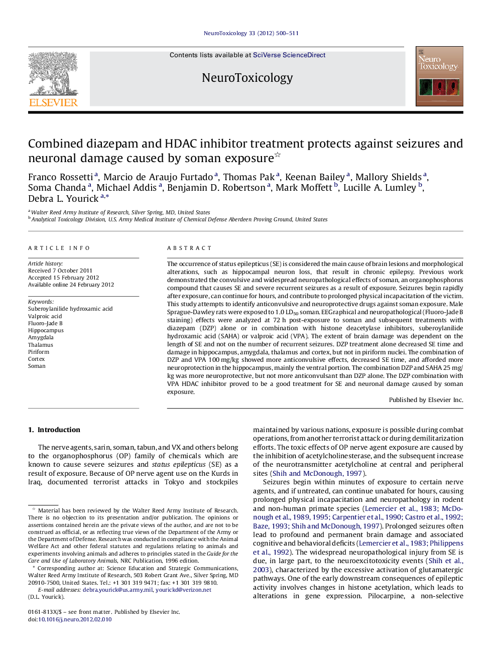 Combined diazepam and HDAC inhibitor treatment protects against seizures and neuronal damage caused by soman exposure