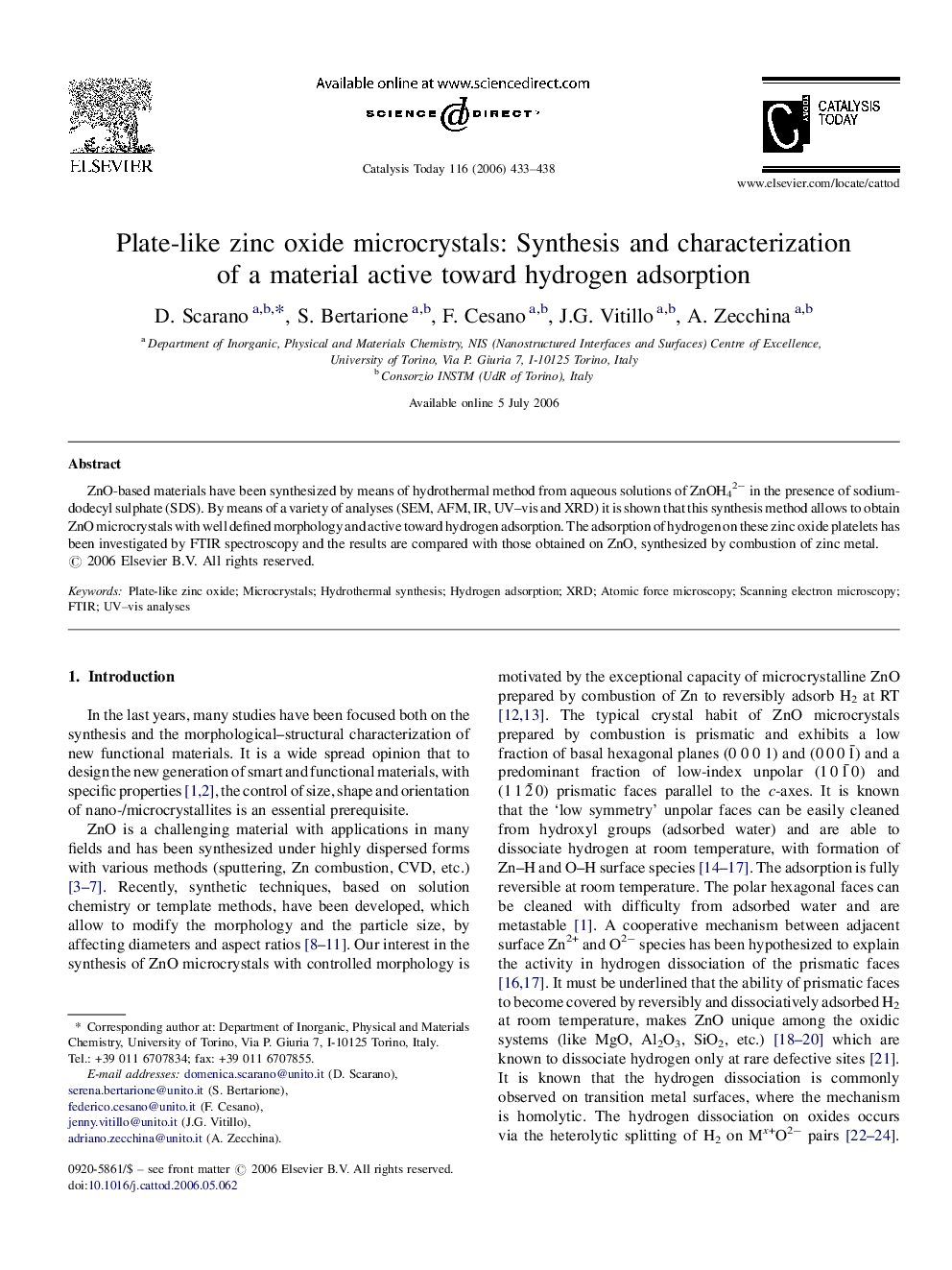 Plate-like zinc oxide microcrystals: Synthesis and characterization of a material active toward hydrogen adsorption