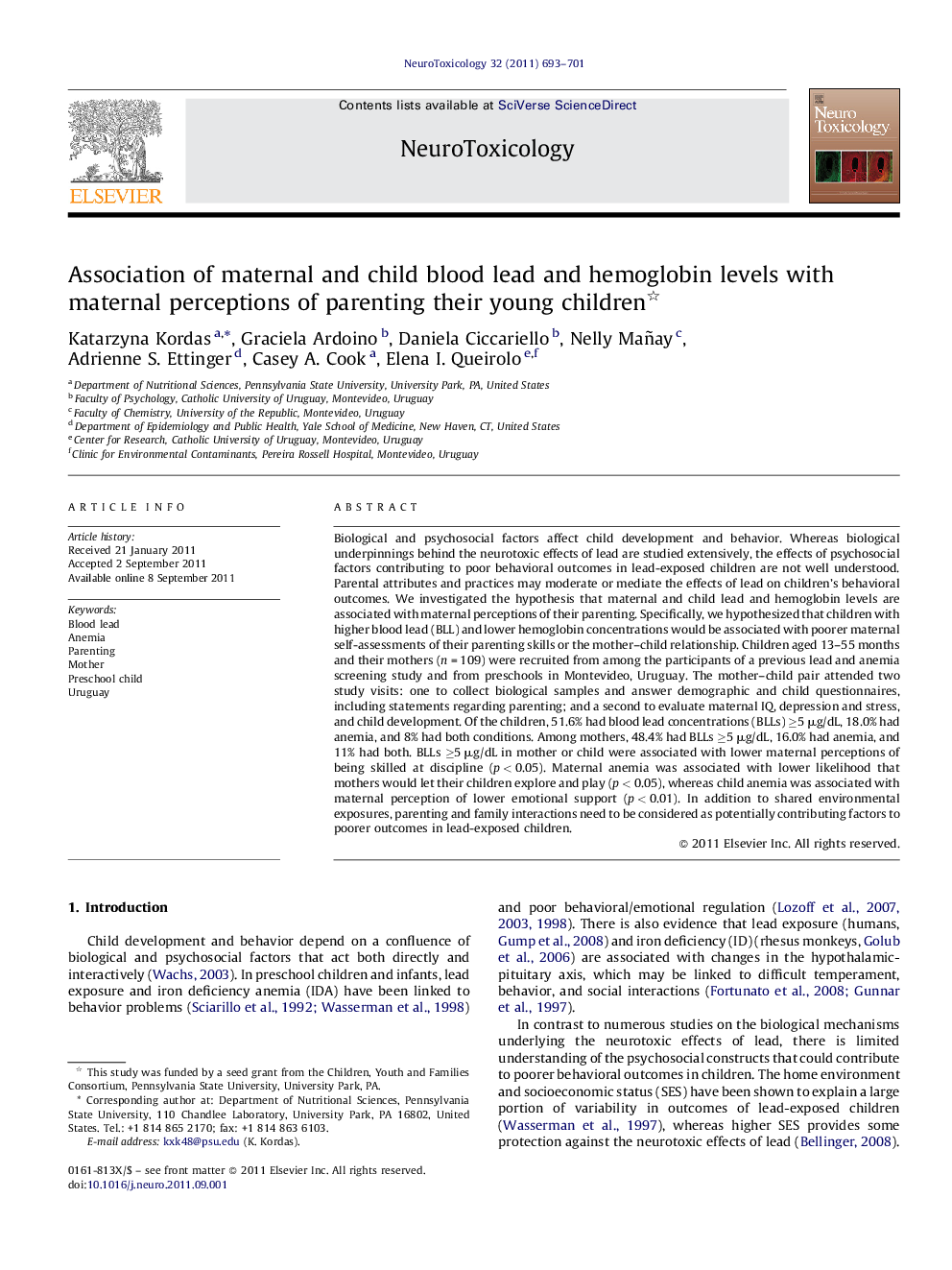 Association of maternal and child blood lead and hemoglobin levels with maternal perceptions of parenting their young children