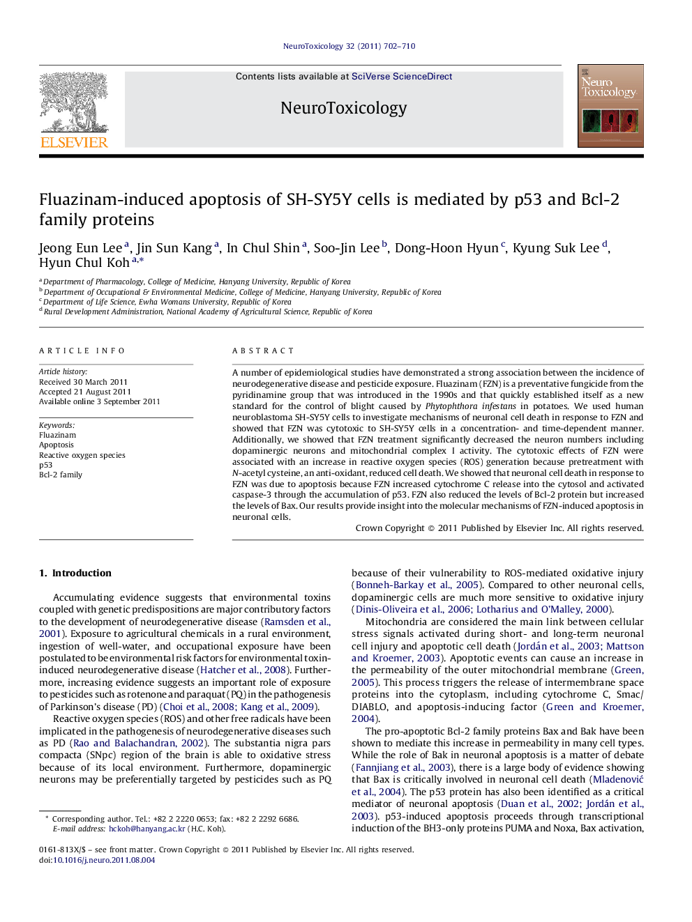 Fluazinam-induced apoptosis of SH-SY5Y cells is mediated by p53 and Bcl-2 family proteins