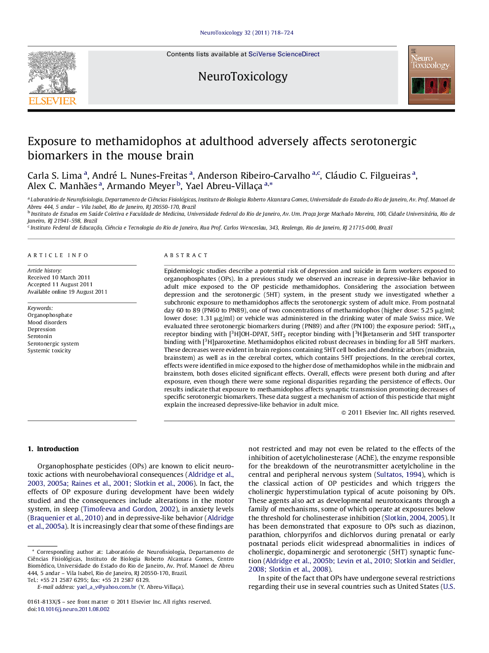 Exposure to methamidophos at adulthood adversely affects serotonergic biomarkers in the mouse brain