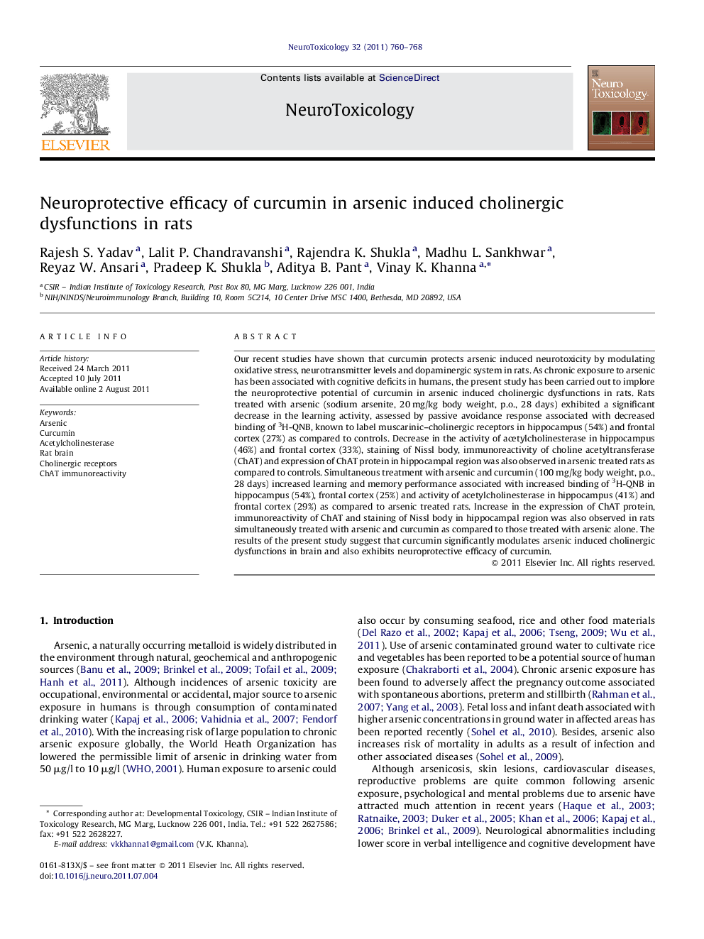 Neuroprotective efficacy of curcumin in arsenic induced cholinergic dysfunctions in rats