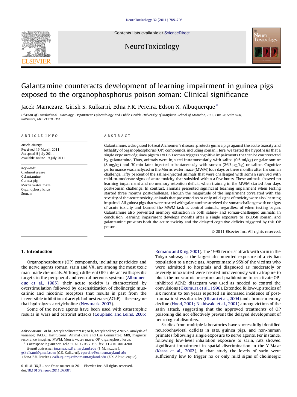 Galantamine counteracts development of learning impairment in guinea pigs exposed to the organophosphorus poison soman: Clinical significance