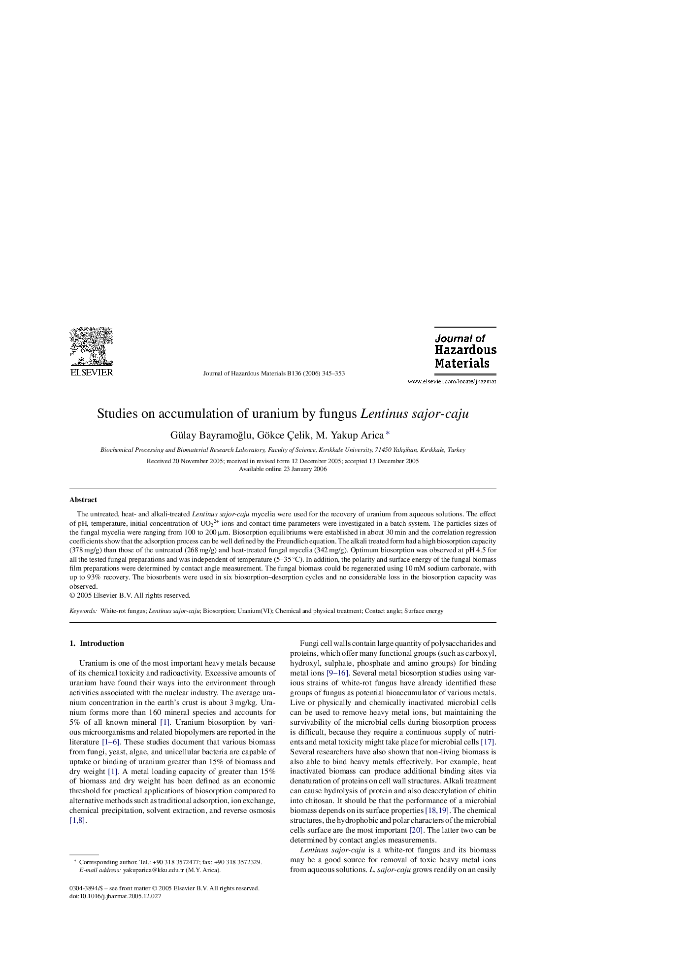 Studies on accumulation of uranium by fungus Lentinus sajor-caju