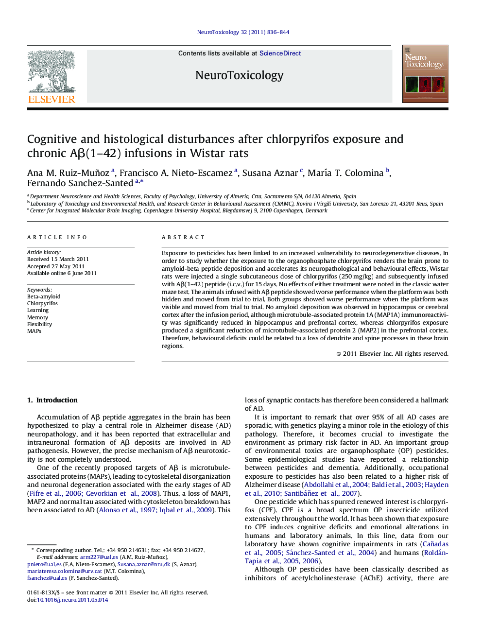 Cognitive and histological disturbances after chlorpyrifos exposure and chronic AÎ²(1-42) infusions in Wistar rats