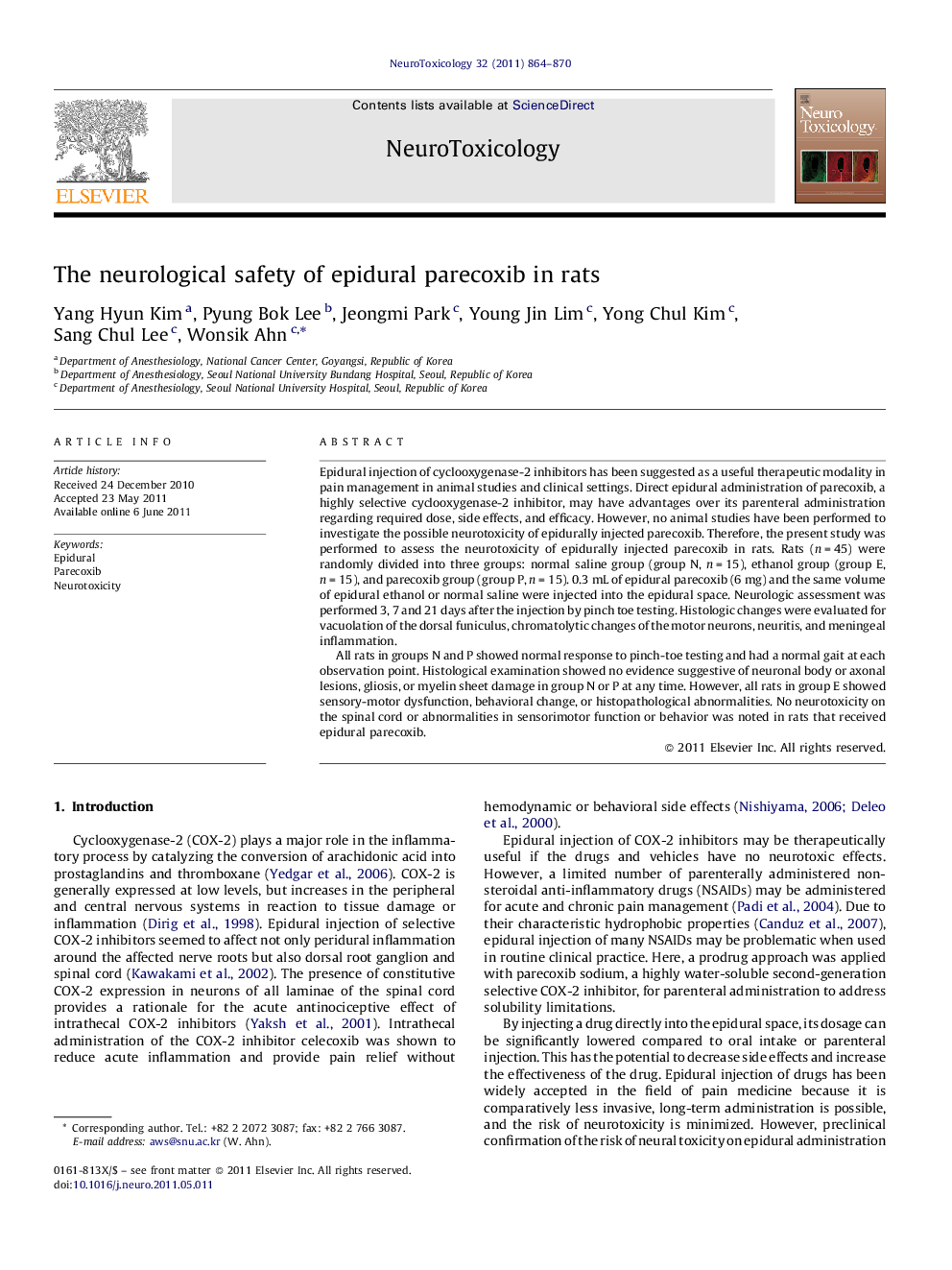 The neurological safety of epidural parecoxib in rats