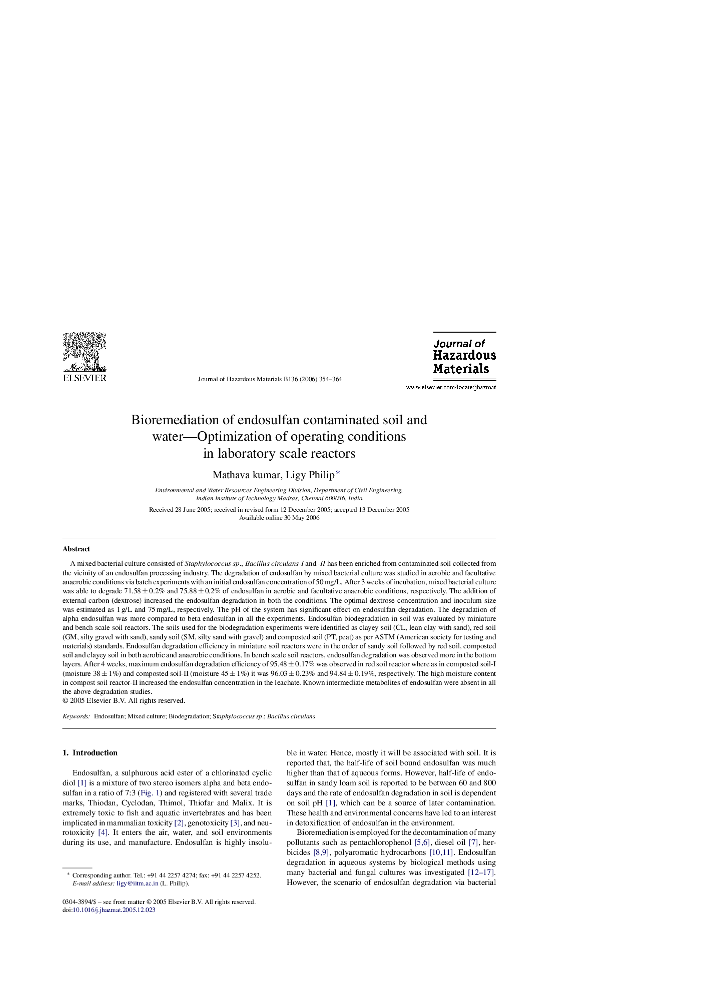 Bioremediation of endosulfan contaminated soil and water—Optimization of operating conditions in laboratory scale reactors