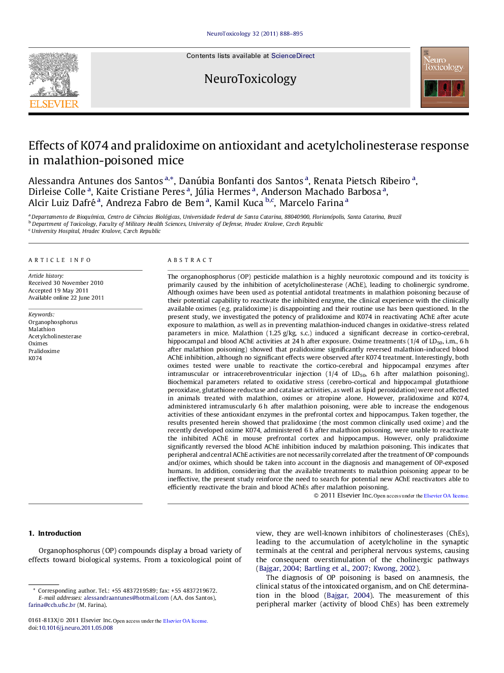 Effects of K074 and pralidoxime on antioxidant and acetylcholinesterase response in malathion-poisoned mice