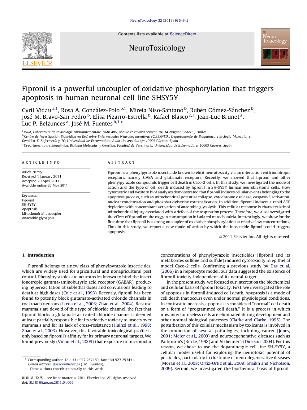 Fipronil is a powerful uncoupler of oxidative phosphorylation that triggers apoptosis in human neuronal cell line SHSY5Y