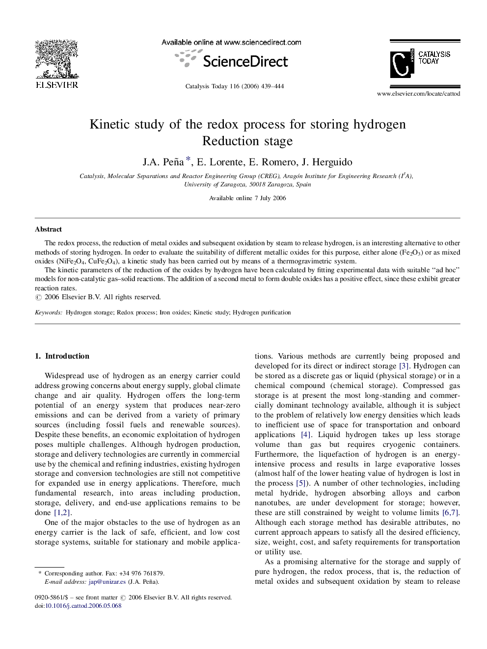 Kinetic study of the redox process for storing hydrogen: Reduction stage