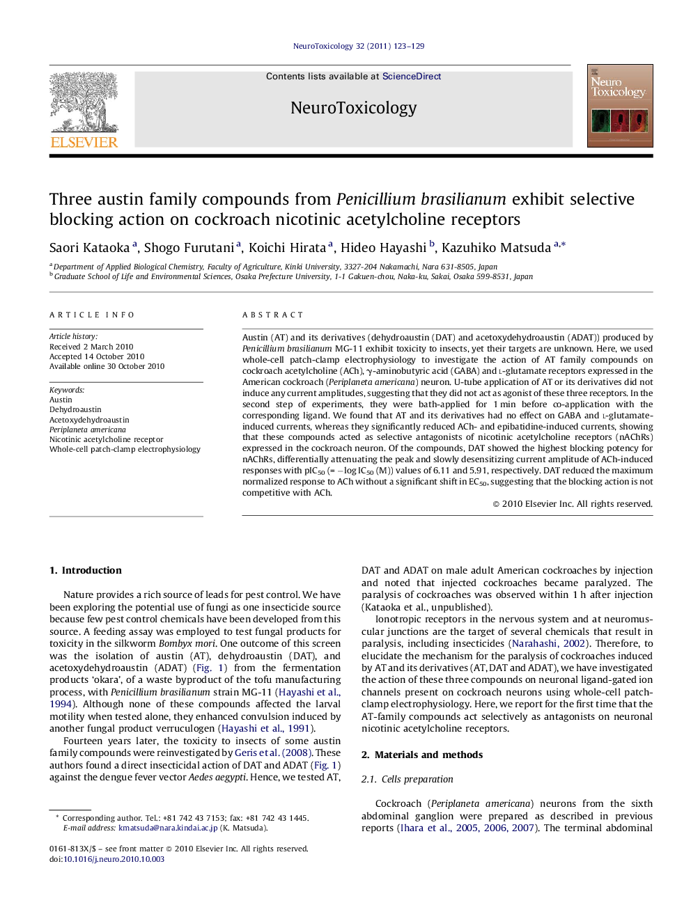 Three austin family compounds from Penicillium brasilianum exhibit selective blocking action on cockroach nicotinic acetylcholine receptors