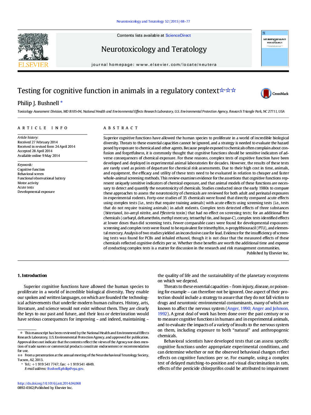 Testing for cognitive function in animals in a regulatory context