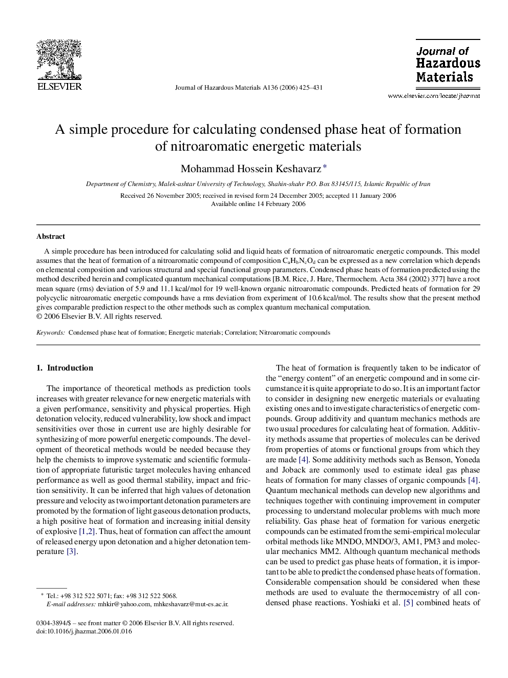 A simple procedure for calculating condensed phase heat of formation of nitroaromatic energetic materials