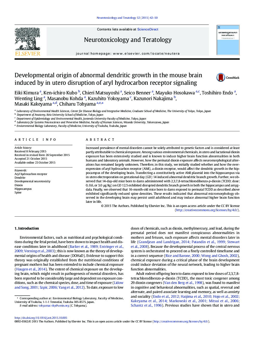 Developmental origin of abnormal dendritic growth in the mouse brain induced by in utero disruption of aryl hydrocarbon receptor signaling