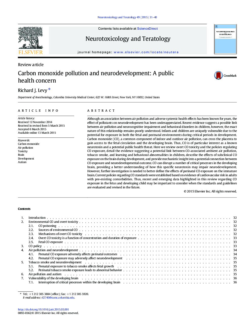 Carbon monoxide pollution and neurodevelopment: A public health concern