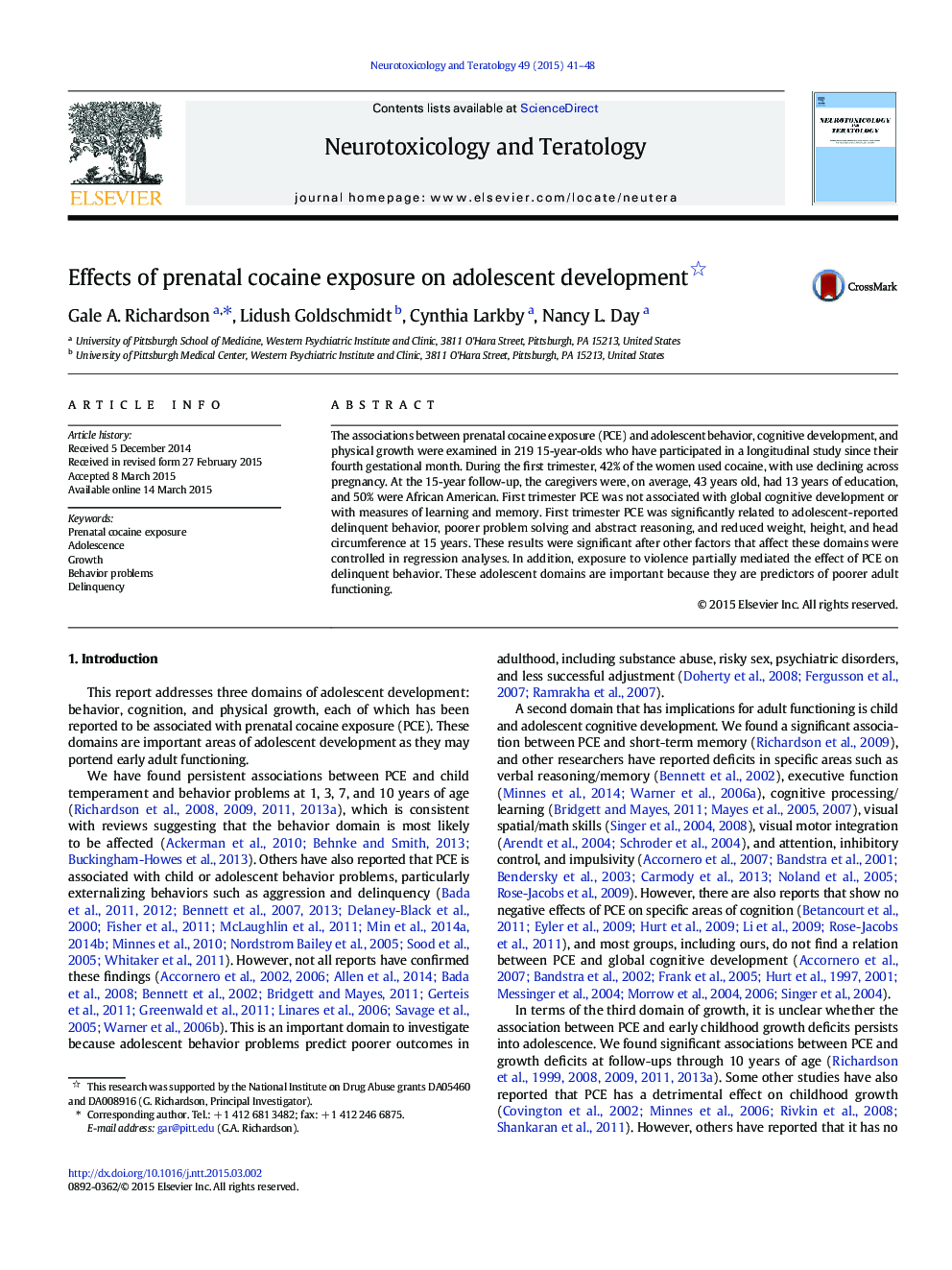 Effects of prenatal cocaine exposure on adolescent development