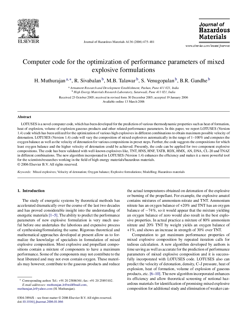 Computer code for the optimization of performance parameters of mixed explosive formulations