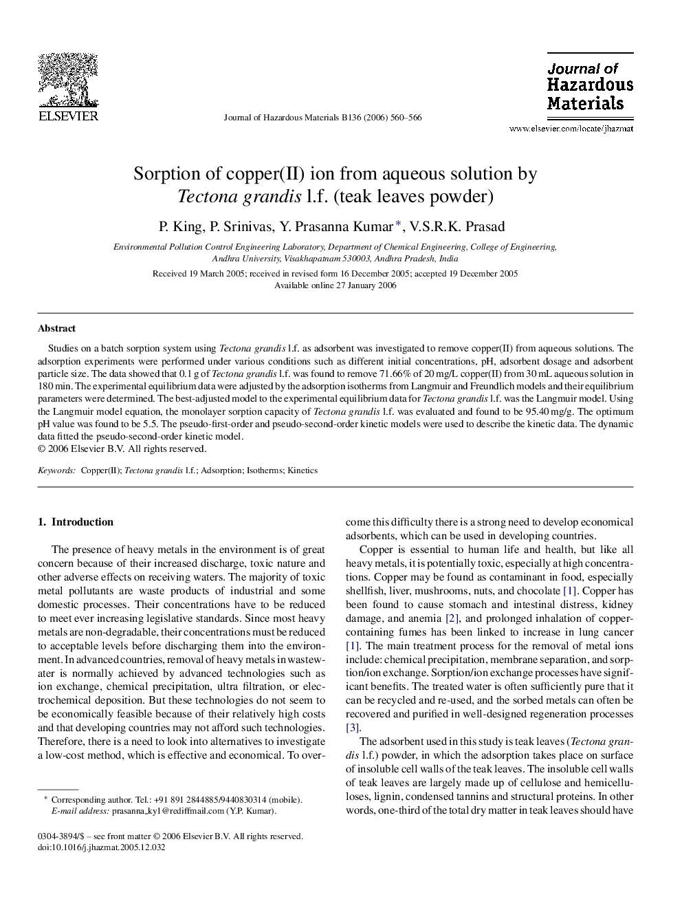 Sorption of copper(II) ion from aqueous solution by Tectona grandis l.f. (teak leaves powder)